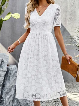 Белое платье миди с цветочной вышивкой, женское летнее кружевное платье с коротким рукавом и V-образным вырезом, женские элегантные модные повседневные тонкие вечерние платья