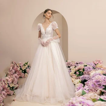 Блестящее свадебное платье принцессы трапециевидной формы с кружевной аппликацией, короткий пышный рукав, свадебное платье с V-образным вырезом, Элегантный шлейф, Vestidos De Novia