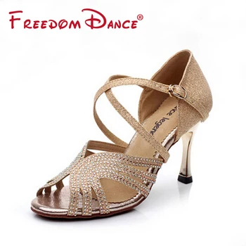 Блестящие стразы цвета Шампанского, Золотая женская обувь для танцевального спорта на высоком каблуке 3,45 дюйма, Латиноамериканское Бальное Танго, Танцевальная обувь для сальсы, Женские сандалии