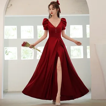 Бордовое атласное вечернее платье, сексуальное расшитое бисером платье с V-образным вырезом, французское элегантное платье с рукавами-пузырями, длинное свадебное платье с разрезом, Vesido