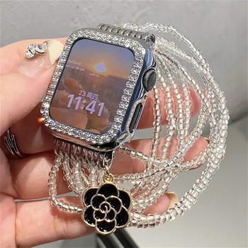 Бриллиантовый ремешок из нержавеющей стали + чехол для Apple Watch Ultra 49 мм 40 44 42 38 мм для iWatch 8 7 6 SE5 41 45 мм Роскошный ремешок для часов в цветочек