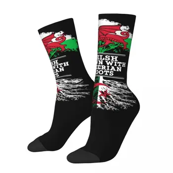 Валлийцы, выращенные с алжирскими корнями, Носки контрастного цвета, компрессионные носки, Вызывающий забавный графический чулок с картой Алжира и флагом.