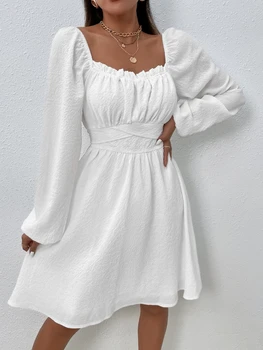 Весенне-летнее платье для женщин, однотонное платье трапециевидной формы с квадратным вырезом, высокой талией и длинным рукавом, элегантное платье для поездок на работу, белое платье