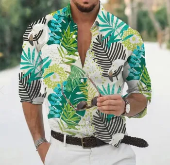 Весна и осень 2023, новые гавайские мужские платья с длинными рукавами и 3D-печатью для отдыха на пляже