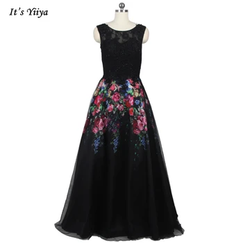 Вечерние платья It's YiiYa, Черное женское вечернее платье трапециевидной формы с круглым вырезом в цветочек, без рукавов, длиной до пола, больших размеров, LX205 robe de soiree