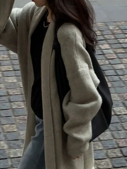 Винтажное Серое женское пальто средней длины, уличная одежда, верхняя одежда премиум-класса, пальто-кардиган 2023, модное Корейское повседневное однотонное пальто для женщин.
