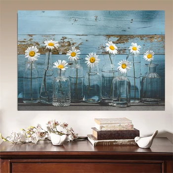 Винтажный цветок, синяя картина на холсте, ваза с ромашками, настенное искусство, цветочные плакаты и принты для украшения домашнего офиса