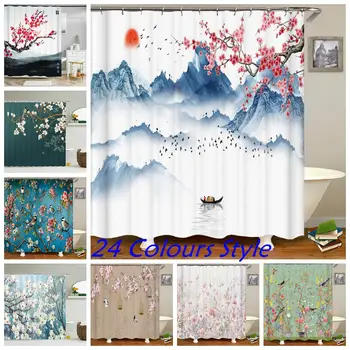 Водонепроницаемые занавески для душа в китайском стиле с крючками, цветами и птицами, Занавеска для ванной, Набор аксессуаров для ванной комнаты