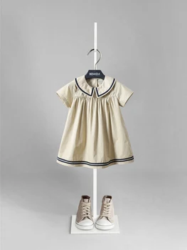 Высококачественное летнее платье для девочек темно-синего цвета в британском стиле, маленькое милое школьное платье с короткими рукавами для маленьких детей, детская одежда