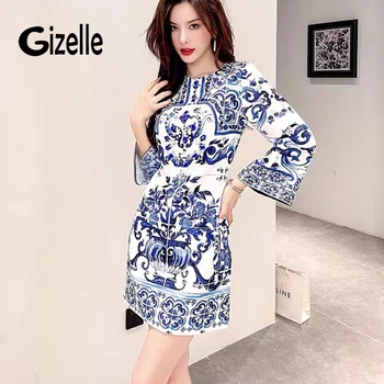 Высококачественное осеннее женское модное дизайнерское мини-платье Gizelle с круглым вырезом и расклешенными рукавами, синие и белые свободные платья с фарфоровым принтом, Z