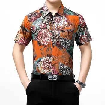 Высококачественные мужские топы из гладкого ледяного шелка 2023, летние рубашки без железа с модным принтом, Мужская рубашка с цветочным принтом, короткий рукав