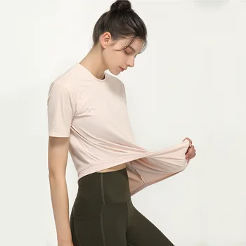 Высокоэластичный асимметричный подол, спортивный укороченный топ, Женская свободная футболка для фитнеса, футболка для йоги с коротким рукавом для женщин, тренажерный зал