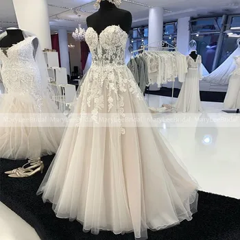 Гламурные свадебные платья трапециевидной формы, иллюзия Светлого Шампанского, Кружевная аппликация, свадебные платья, пуговицы на спине, платье невесты vestidos