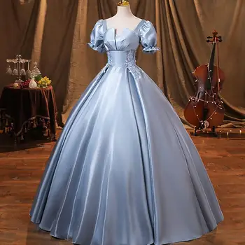 Голубые пышные платья принцессы, новое атласное винтажное бальное платье с пышными рукавами, простое милое платье дебютантки, сшитое на заказ