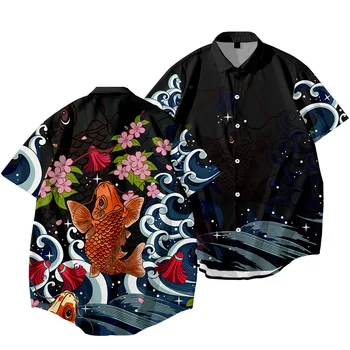 Горячая распродажа 2021 года, мужская одежда, повседневная модная рубашка с принтом черного карпа, летний Новый кардиган, рубашка с коротким рукавом