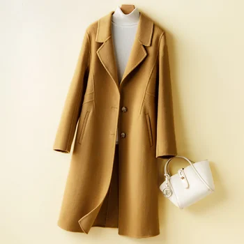 Демисезонный Корейский Тонкий Двусторонний жакет из кашемировой шерсти средней длины, Женская верхняя одежда, однотонное шерстяное пальто с длинными рукавами, женское пальто