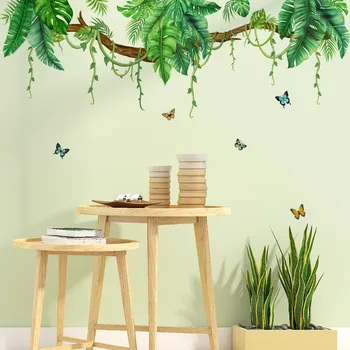 Дерево-Виноградная лоза Timbo Vimen Зеленые листья Бабочки Наклейки на стену Фоновое украшение гостиной Наклейки на стену Художественный декор