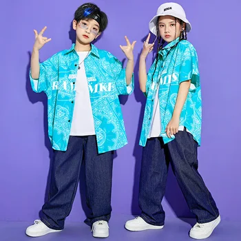 Детская Летняя одежда в стиле хип-хоп для мальчиков, рубашка с геометрическим принтом, топ с коротким рукавом, Мешковатые джинсы, уличная одежда для девочек-подростков, костюм для джазовых танцев.