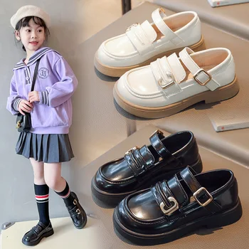 Детская обувь для Девочек, Детские Кожаные Балетки в стиле Ретро С Металлической Пряжкой, Модная Классика 2023 года, Фирменная Новинка, Черный, Бежевый, для Школьной Вечеринки 26-36