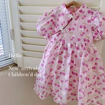 Детская одежда 2023, летнее Новое платье в китайском стиле с пышными рукавами для худенькой девочки