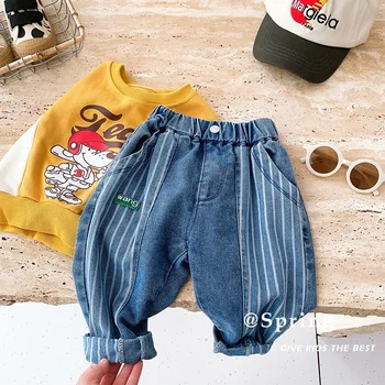 Детская одежда 2023, Новые модные детские джинсы в корейском стиле, осенние полосатые брюки для мальчиков, Простые повседневные джинсовые брюки для девочек