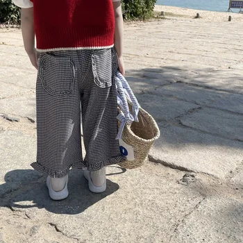 Детская одежда, весенне-летние повседневные брюки в клетку с кружевами в корейском стиле для девочек, простые брюки с карманами для малышей, свободные широкие штанины