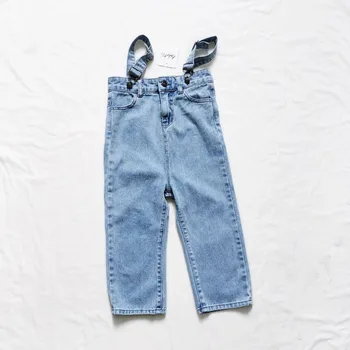 Детские комбинезоны, Новые осенние детские свободные джинсы в корейском стиле с завышенной талией, штаны для маленьких девочек, модные джинсовые брюки для мальчиков 2-8 лет