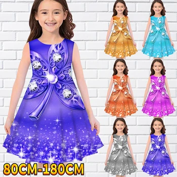 Детское платье без рукавов для маленьких девочек, платье для девочек с 3D цветочным принтом, повседневное Милое платье без рукавов длиной выше колена 80-180 см