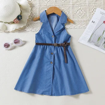 Детское Платье-жилетка, одежда для девочек, лето 2022, новые пуговицы спереди для малышей, синее джинсовое платье с поясом, детская повседневная одежда