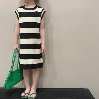 Детское платье-футляр для девочек, без рукавов, на подтяжках, стильный классический жилет в тонкую полоску, трикотажная юбка