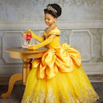 Желтые кружевные платья с кристаллами для девочек в цветочек, Бато, нарядные платья для маленькой девочки на свадьбу, причастие, праздничное платье на день рождения