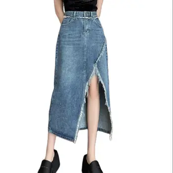Женская джинсовая юбка с высокой талией, необработанный край подола, асимметрия спереди, накладной карман с разрезом