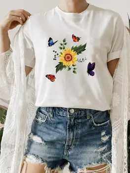 Женская летняя одежда в стиле 90-х с бабочкой, футболка с принтом, модная футболка с круглым вырезом и коротким рукавом с графическим рисунком, футболка-топ