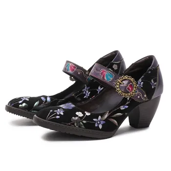 Женская модная обувь на высоком каблуке с принтом из натуральной кожи Johnature, винтажные туфли-лодочки с цветочным узором, Удобная женская обувь с круглым носком.