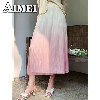Женская одежда Y2K, Градиентная ярко-розовая сетчатая юбка-полукомбинезон, Плиссированное длинное платье трапециевидной формы с длинной плиссированной юбкой, Корейская мода