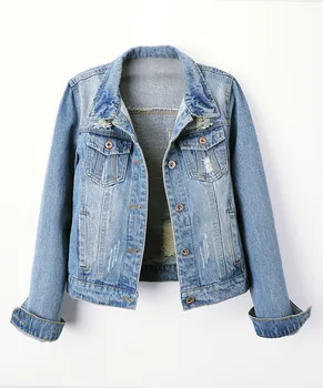 Женская укороченная джинсовая куртка Trucker с длинным рукавом, застегивающаяся на пуговицы, выстиранная после стирки, джинсовое пальто