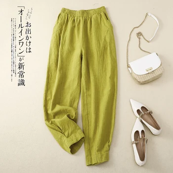 Женские Весенне-летние Ретро Свободные широкие брюки, повседневные брюки из хлопка и льна, брюки