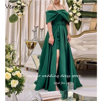 Женские длинные вечерние платья из зеленого атласа Verngo с открытыми плечами, платья для выпускного вечера с разрезом для мамы и жениха, одежда для официальных мероприятий больших размеров