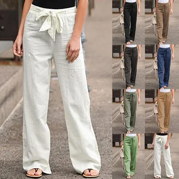Женские однотонные брюки с эластичной резинкой на талии, хлопчатобумажные льняные широкие брюки, винтажные повседневные Свободные прямые брюки Плюс размер XS-5XL