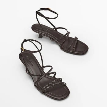 Женские сандалии с ремешком на щиколотке из натуральной кожи, Гладиаторские сандалии с плетением 