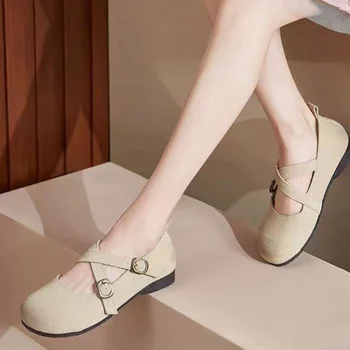 Женские тонкие туфли 2023 года в стиле ретро, кожаные туфли Мэри Джейн на мягкой подошве для женщин, модная женская повседневная обувь на плоской подошве с круглым носком