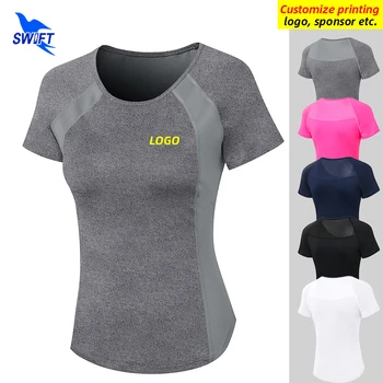 Женские футболки для бега с коротким рукавом с индивидуальным логотипом, Быстросохнущие спортивные топы для йоги, Эластичная спортивная футболка для занятий в тренажерном зале, Дышащая