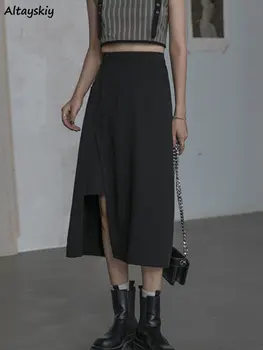 Женские юбки Миди черного цвета, летние однотонные Faldas Largas, Нерегулярная повседневная уличная одежда, универсальная мода в корейском стиле, Шикарные дамы