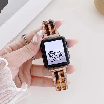 Женский Бриллиантовый Ремешок из смолы для Apple Watch Band 8 7 6 5 4 Se 41 мм 45 мм 40 44 мм Роскошный Браслет из нержавеющей Стали для Iwatch Ultra