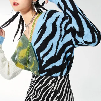 Женский кардиган-свитер с принтом зебры, весенний сексуальный V-образный вырез, осенние повседневные трикотажные свитера, модные милые женские трикотажные топы