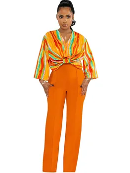 Женский костюм из 2 предметов, пуловер, Разноцветный, с завязками, Короткие топы и брюки, одежда для ночного клуба с высокой талией, Сексуальные комплекты из двух предметов для вечеринок