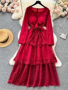 Женское весенне-летнее платье, французское кружево, тяжелая вышивка с рюшами по краю, платье принцессы с длинными рукавами и поясом D3869