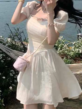 Женское весенне-летнее платье с юбкой 2022 года, тонкое и милое Короткое платье в рыбью косточку с пышными рукавами