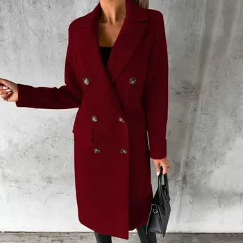 Женское длинное пальто Приталенного кроя, Моющаяся повязка с отложным воротником, карманы, Шерстяное пальто, верхняя одежда, женская длинная куртка для работы