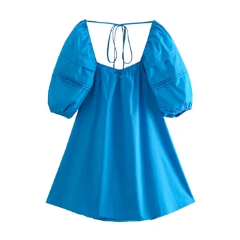 Женское однотонное мини-платье, шикарные пышные платья с коротким рукавом и открытой спиной, женские повседневные хлопчатобумажные платья с квадратным воротником 2021 года.